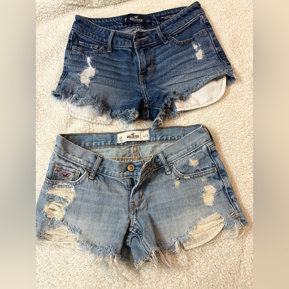 Hollister Women's Ripped Jean Shorts - Dark and Light Blue